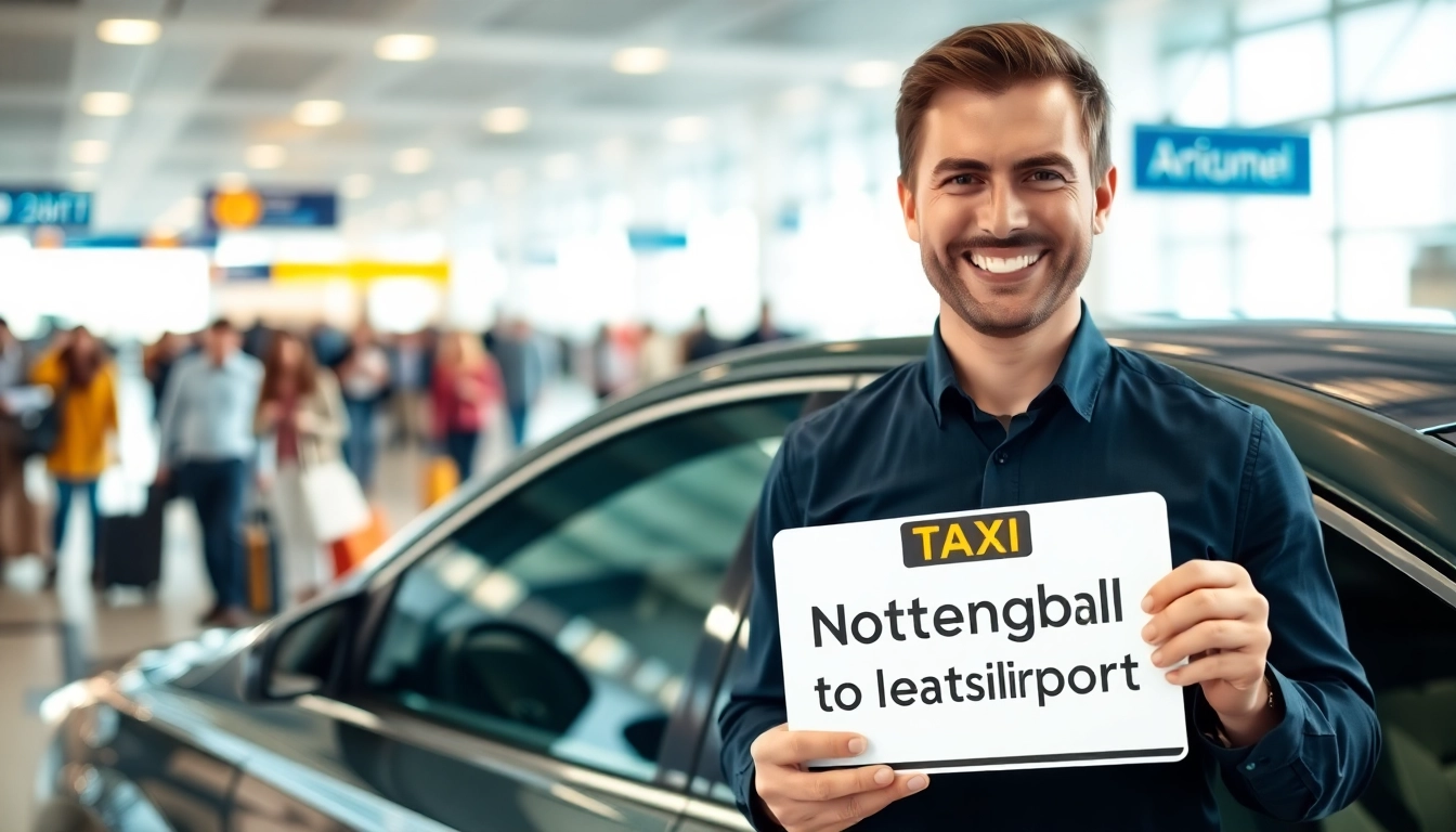 Taxi Nottingham to Heathrow Airport driver welcoming passengers at the airport terminal.