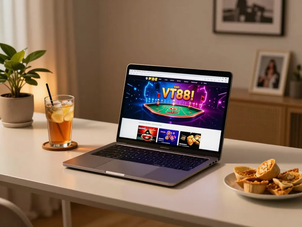 VT88 online casino gaming setup with laptop showcasing exciting betting options