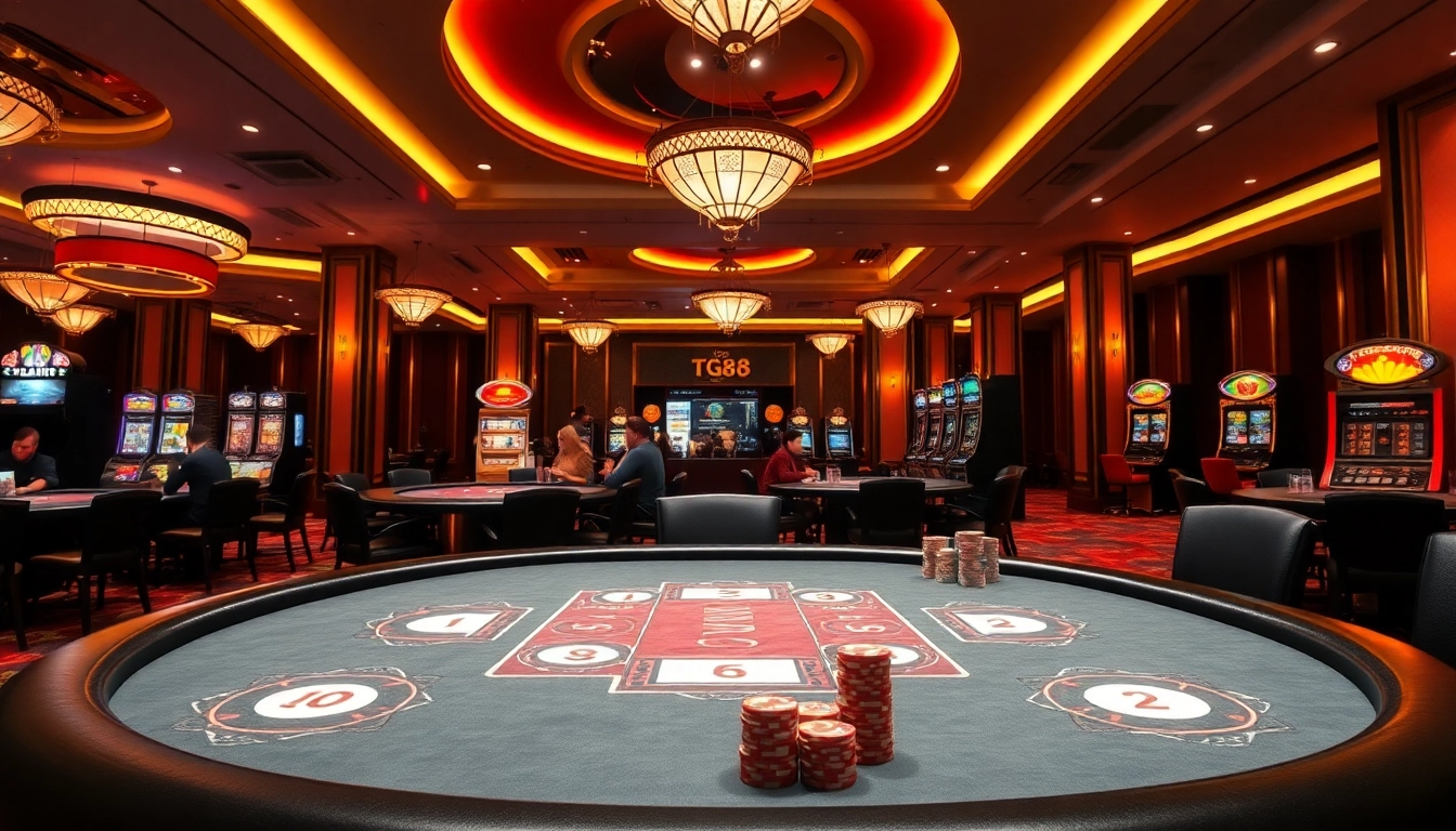 Players experience the excitement of tg88 casino at dynamic poker tables illuminated by glamorous lighting.