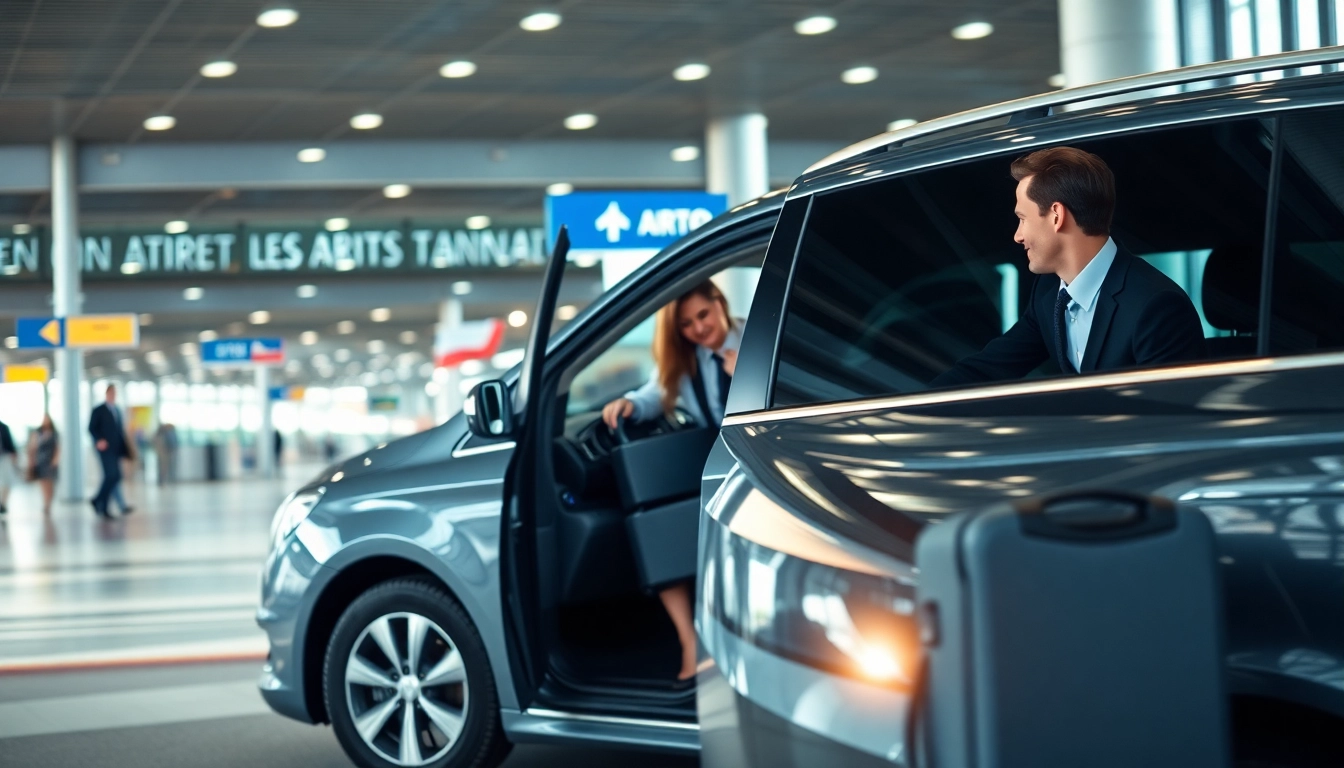 Efficient Airport Transfers service helping travelers with luggage in an urban airport setting.