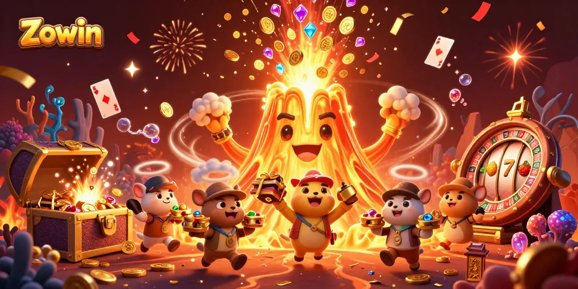 Zowin engages players with a vibrant illustration of a golden volcano erupting coins and casino elements in exciting underwater treasure
