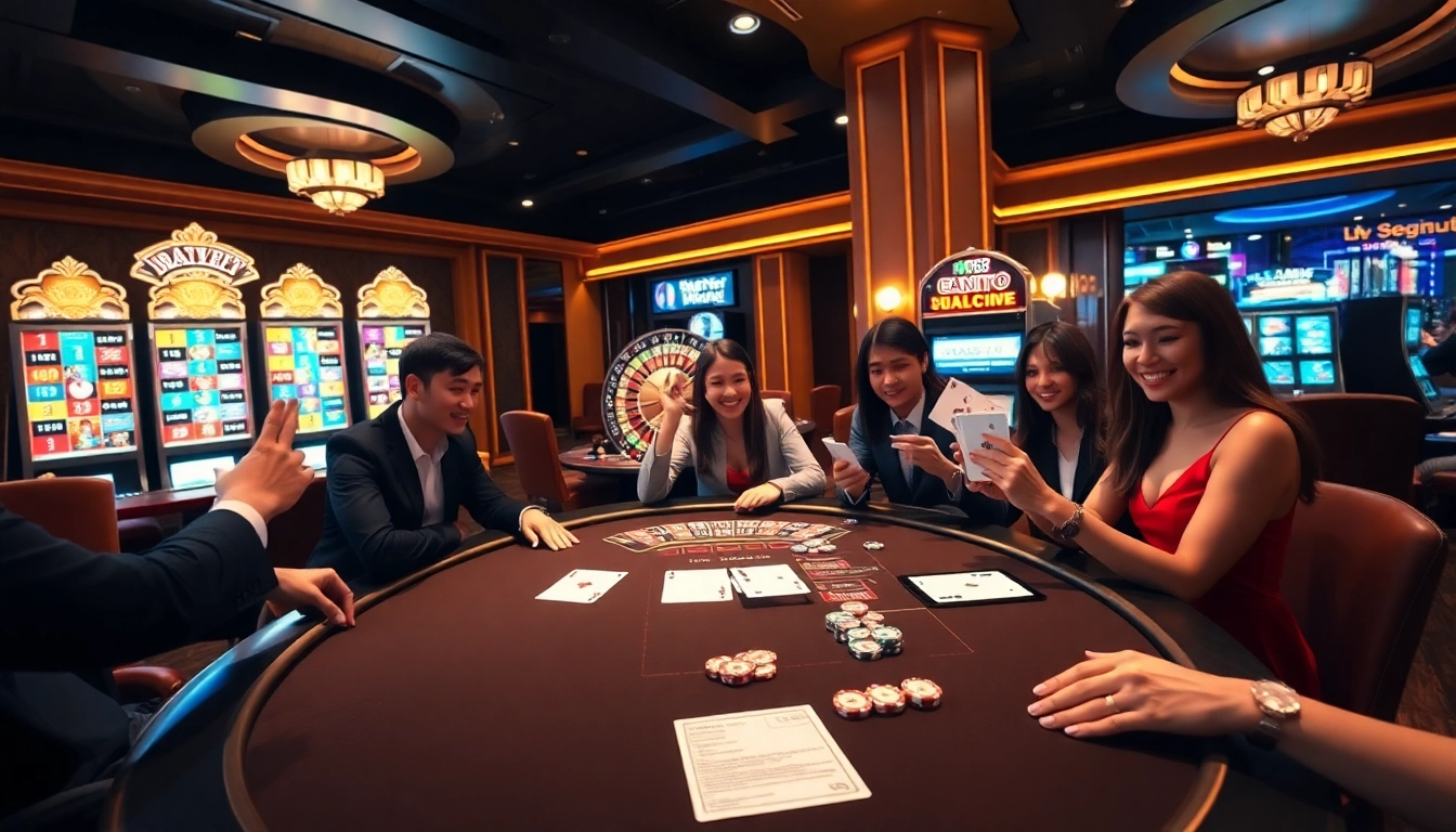 Exciting scene of players enjoying poker at MM88 casino, showcasing vibrant gaming elements and luxury.