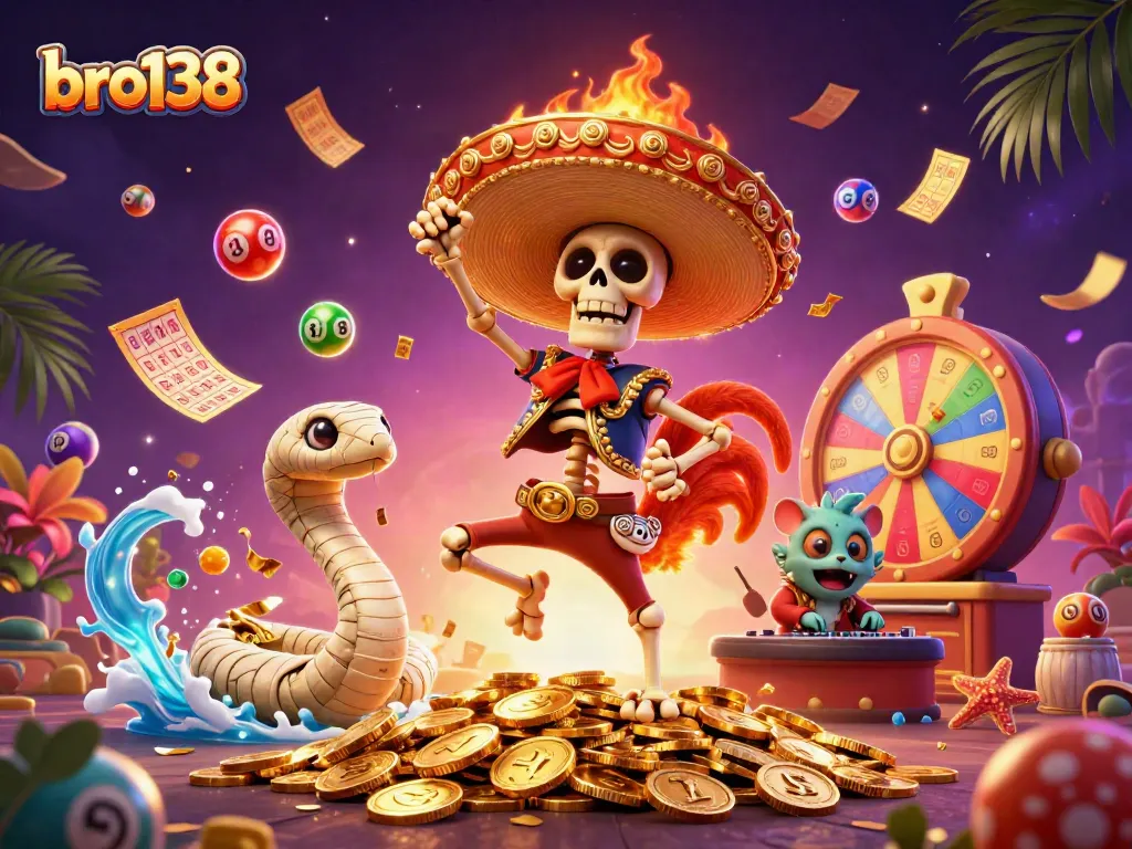 Experience the thrill of bro138 with colorful lottery elements and vibrant characters in a casino-themed scene.