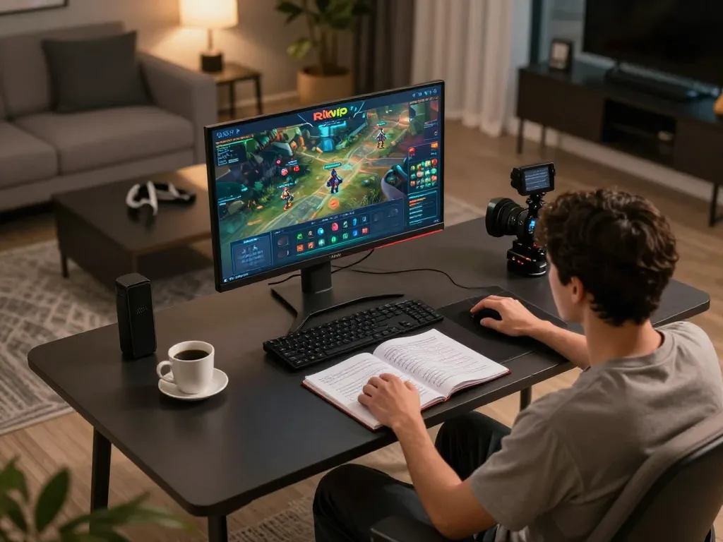 Engaging with rikvip gaming interface while analyzing betting strategies in a cozy home setup.