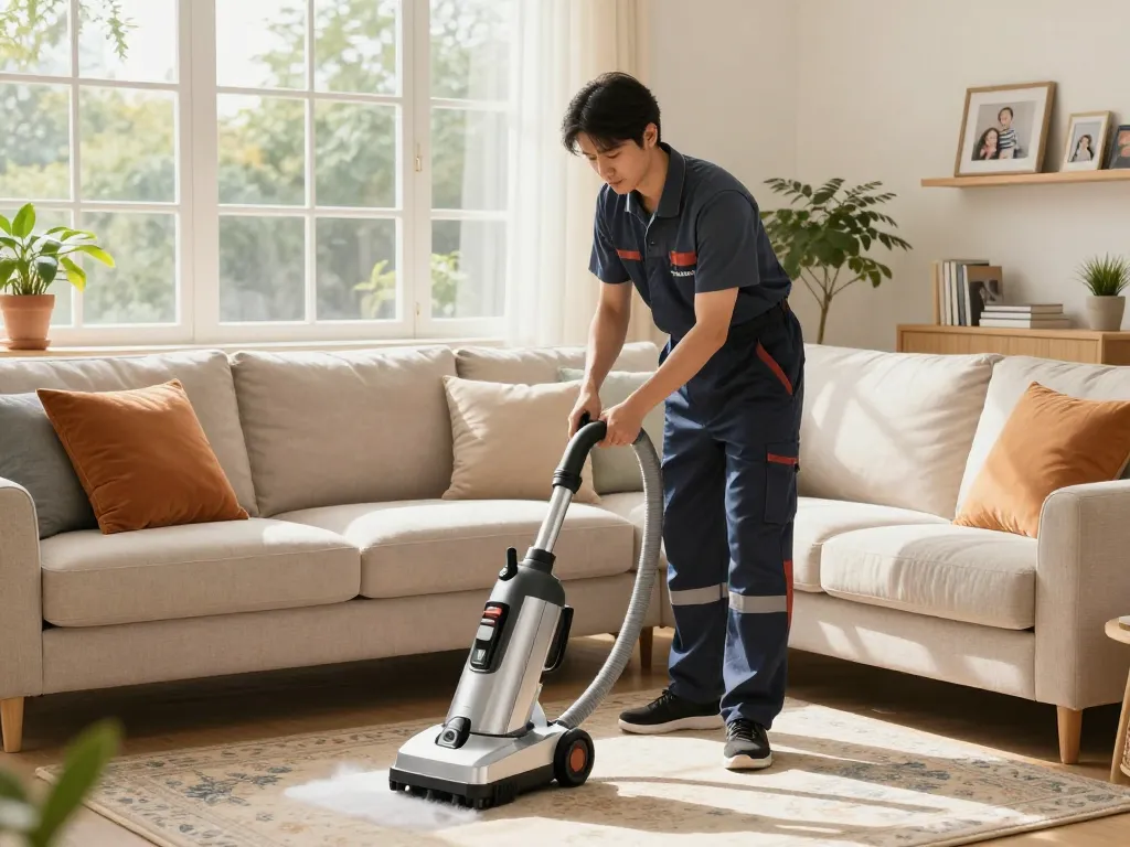 Upholstery cleaning process showcased in a cozy living room with focus on professional techniques for interior care blogs.