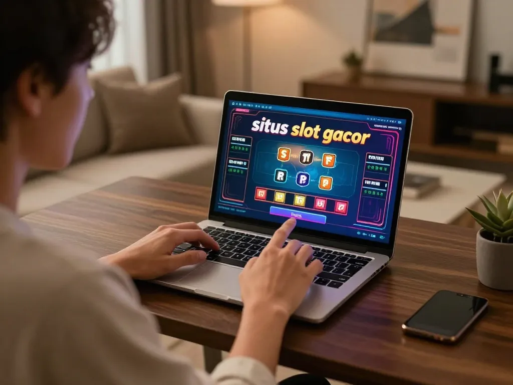 Engaging in situs slot gacor with a laptop at a stylish desk, creating an inviting gaming atmosphere.