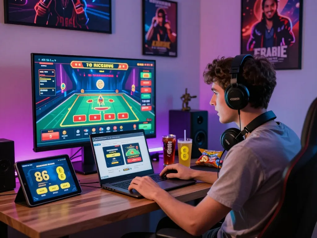 Player enjoying live casino games on EE88 platform in a vibrant gaming setup.