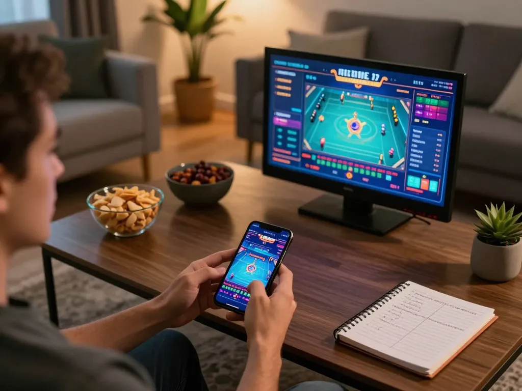 Player enjoying responsible gaming at home with 8kbetbh mobile interface visible on smartphone