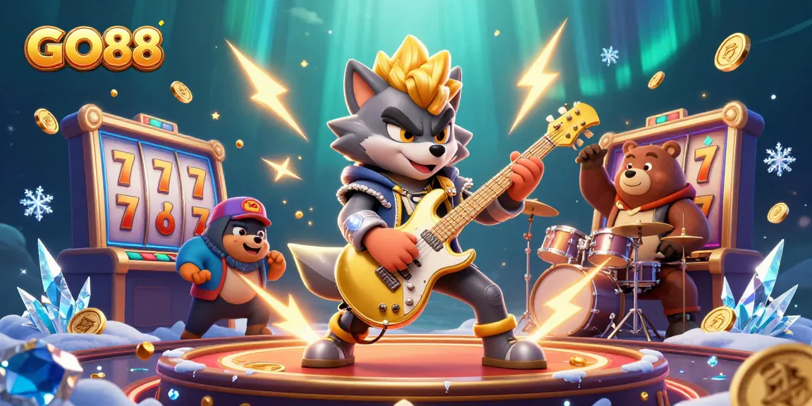 Experience GO88's exciting slot games with a dynamic 3D scene featuring a rock star wolf and celebratory elements.