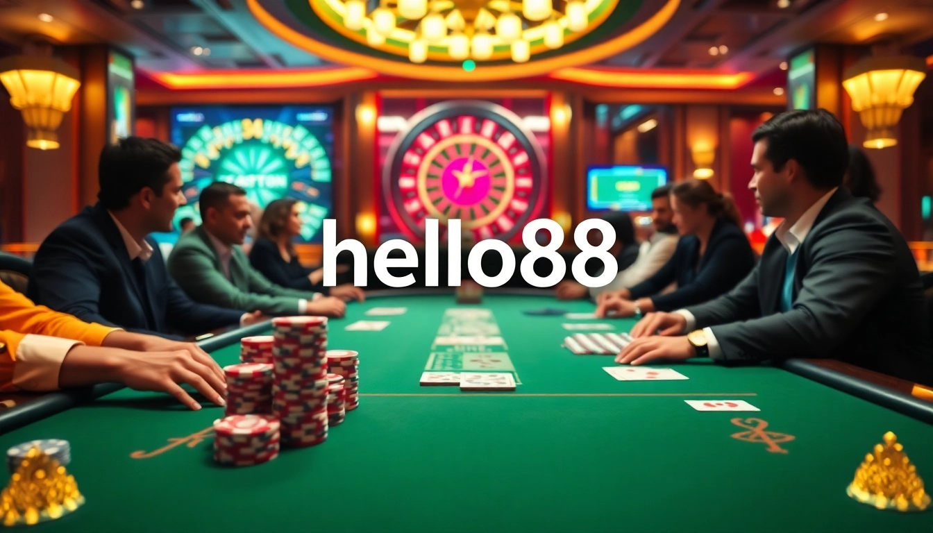 Players enjoy thrilling games at hello88 casino, showcasing poker and roulette excitement.