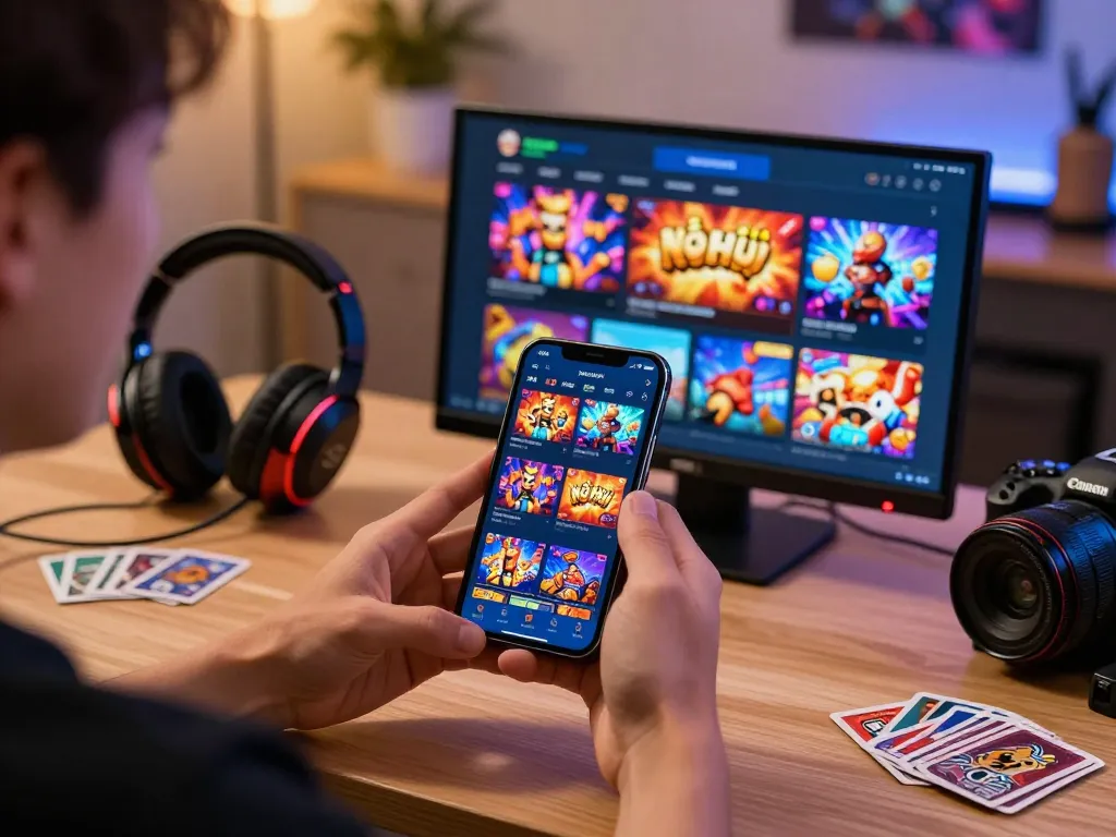 Experience the excitement of tải hitclub with vibrant mobile gaming and a user-friendly interface on a stylish desk setup.