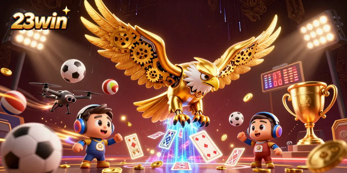 Experience winning thrills with 23win, featuring a dynamic eagle amidst holographic cards and energetic sports elements.