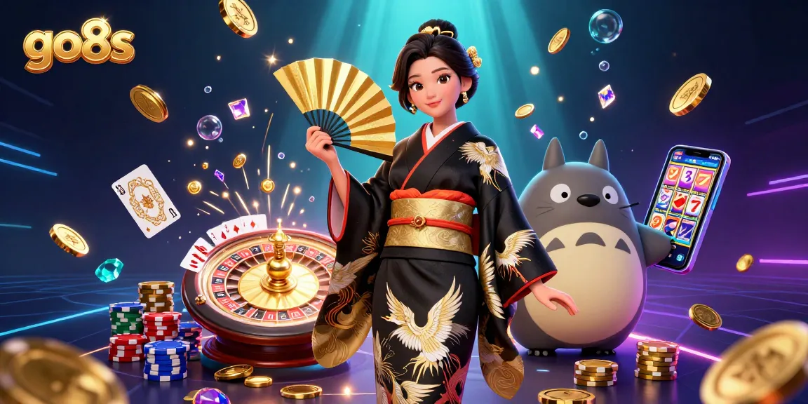 Experience the thrill of go8s, featuring a stylish gaming scene with coins, cards, and jackpots flying around.