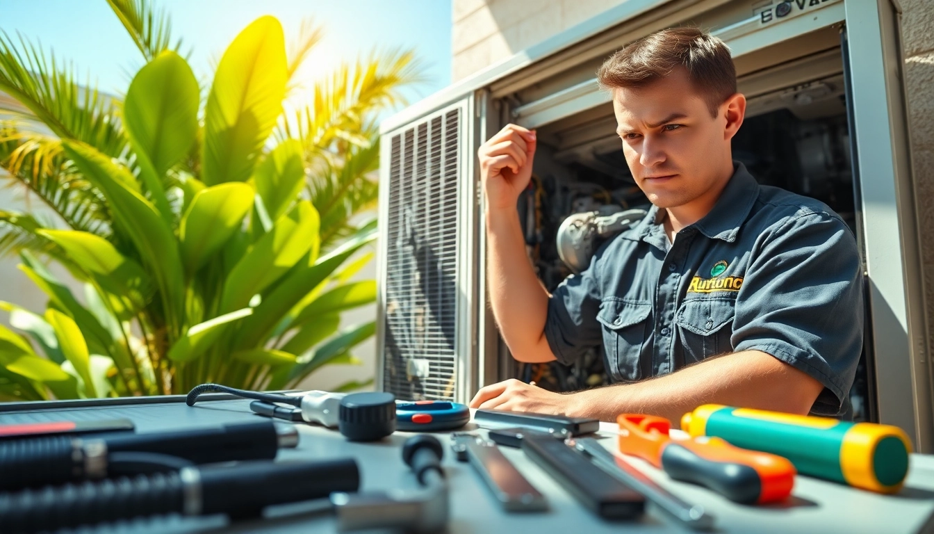 AC Repair Tampa technician expertly repairing air conditioning unit in a sunny Florida backyard.