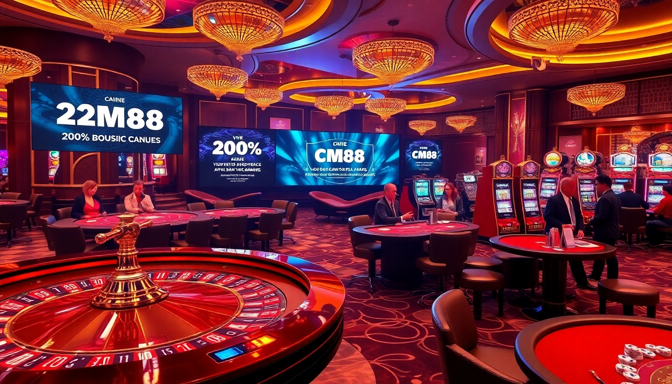 Players enjoying games at CM88, featuring poker tables and vibrant slot machines, exemplifying online gambling excitement.