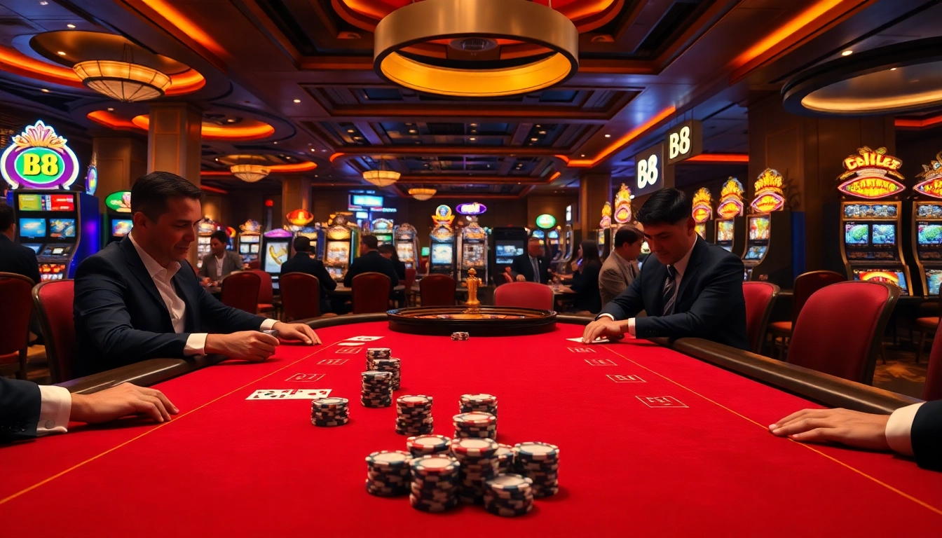 Engaged players at a B8 poker table in a luxurious casino atmosphere.