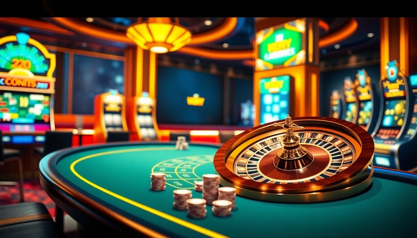 Experience the thrill of online gambling at dom88.us.com with vibrant casino visuals showcasing poker tables and slot machines.