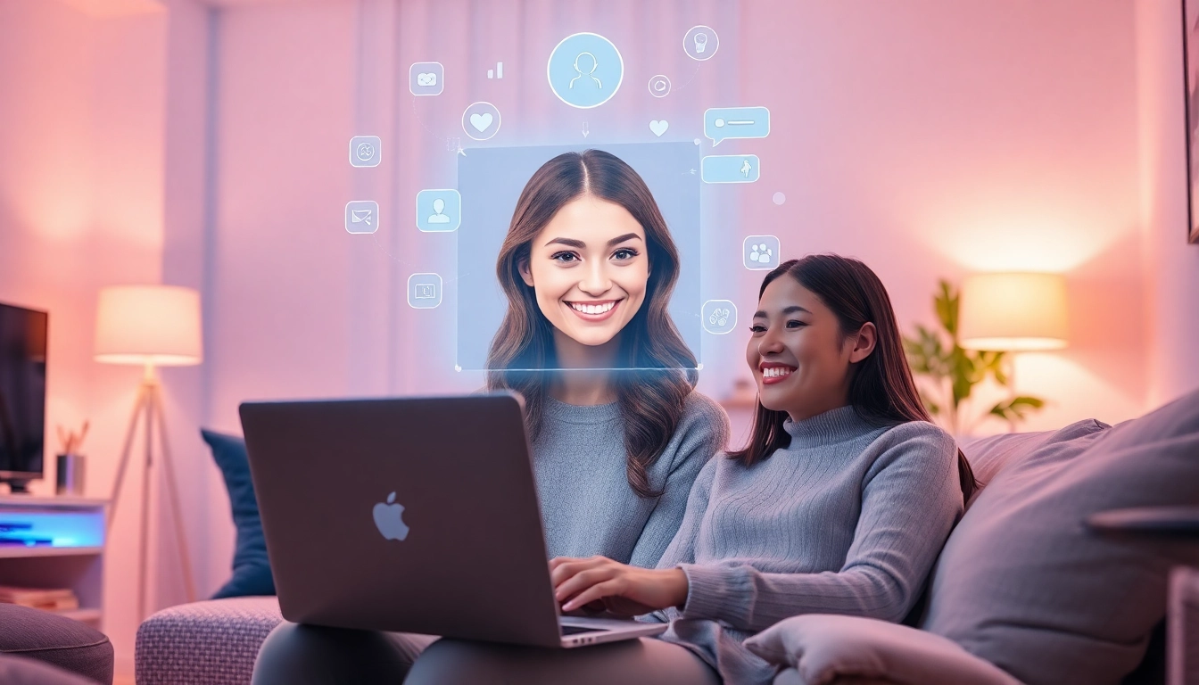 Friendly digital interaction with an AI girlfriend in a modern living room setting.