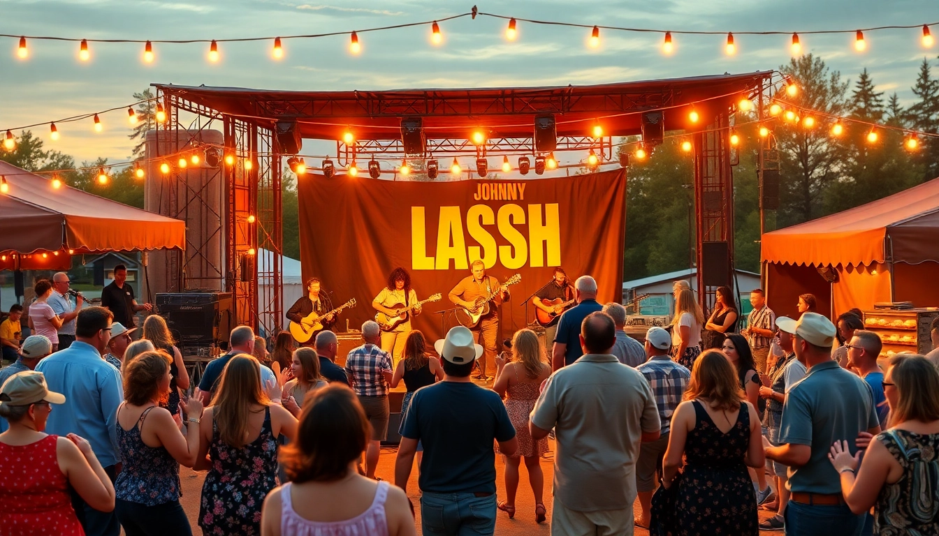 Energizing scene at johnnycashbirthday.com featuring a lively festival celebrating Johnny Cash's music with performances, food, and joyful attendees.