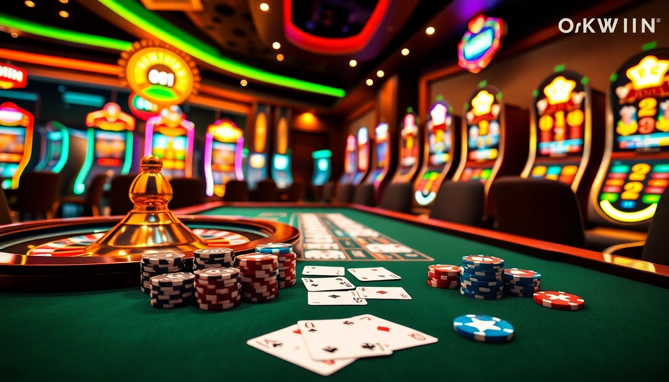 Exciting OKWIN online casino scene with poker chips, roulette wheel, and vibrant slot machines.