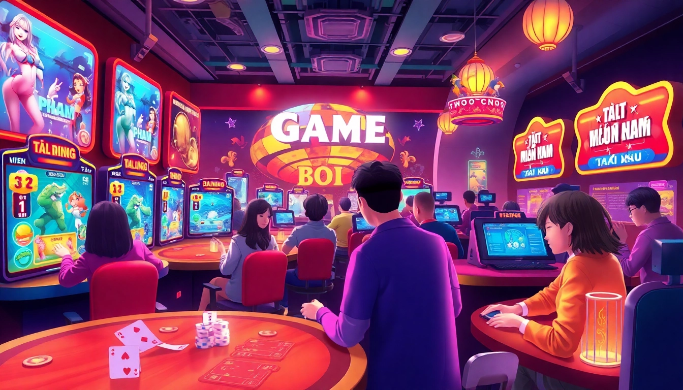 Illustration of players engaged in game bài đổi thưởng at gamebaidoithuong.com.vc with vibrant digital graphics and immersive ambiance.