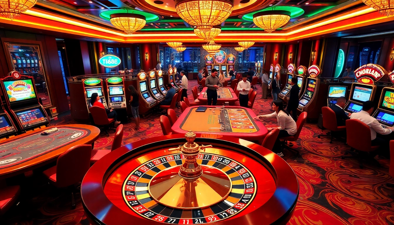 Players enjoying the vibrant TG88 casino atmosphere with colorful chips and lively table games.