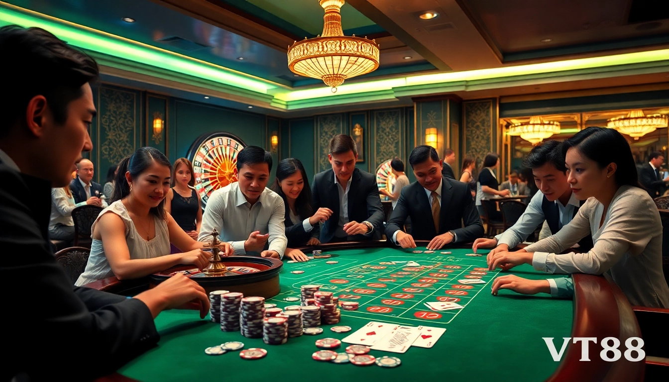 Participants enjoying high-stakes games at the luxurious VT88 casino table, showcasing excitement.