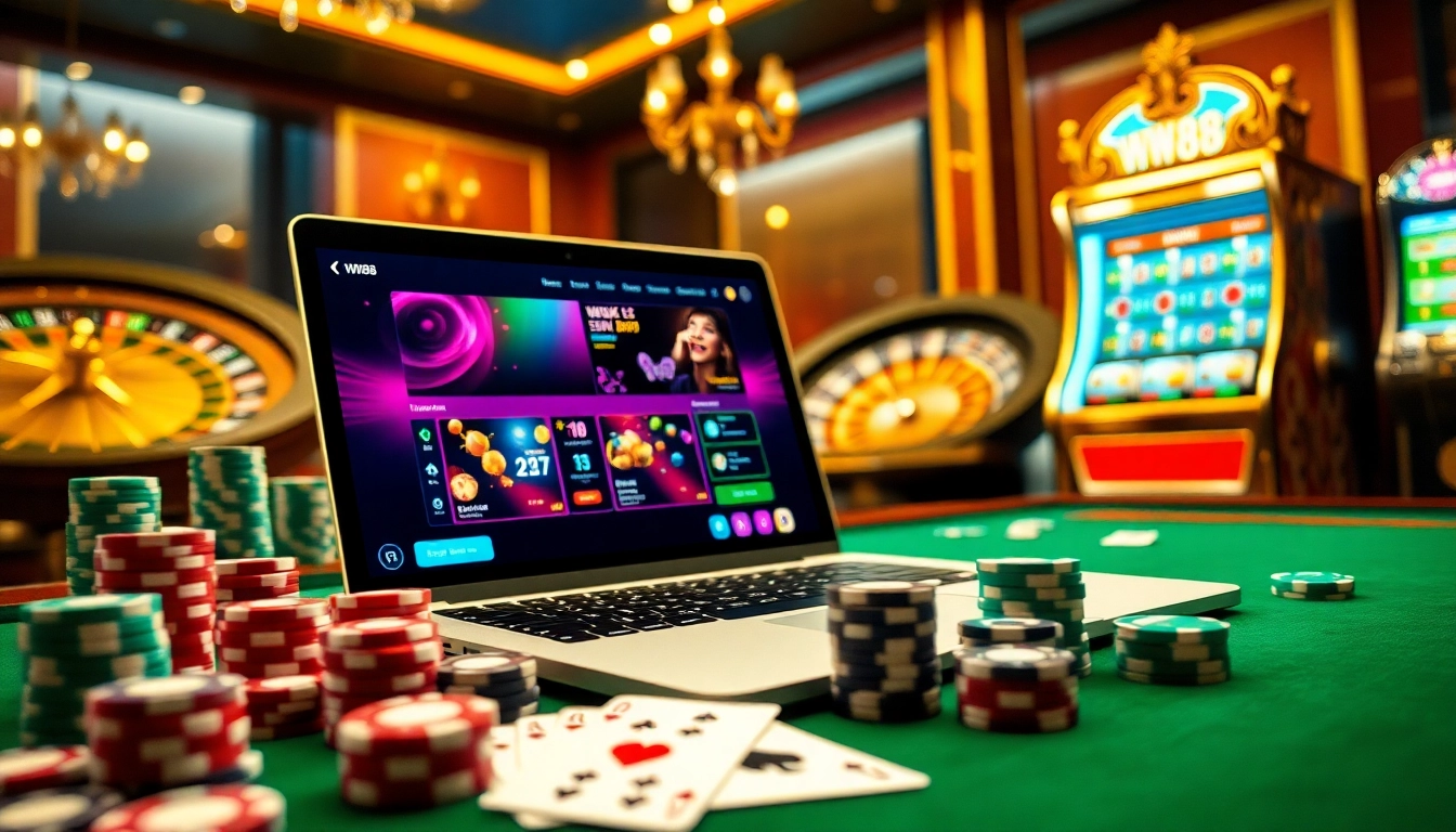 Experience the excitement of WW88 online gambling with a luxurious casino scene featuring vibrant games and engaging gameplay.