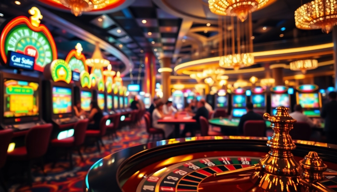 Kuwin players engaging with exciting slot machines and poker tables in a luxurious casino environment.