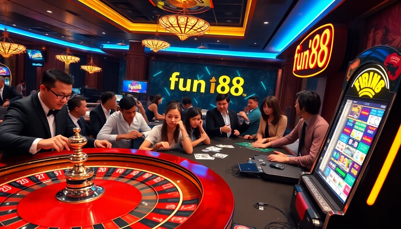 Gamblers enjoy a thrilling experience at a casino, highlighting fun88 link amidst vibrant gaming activities.