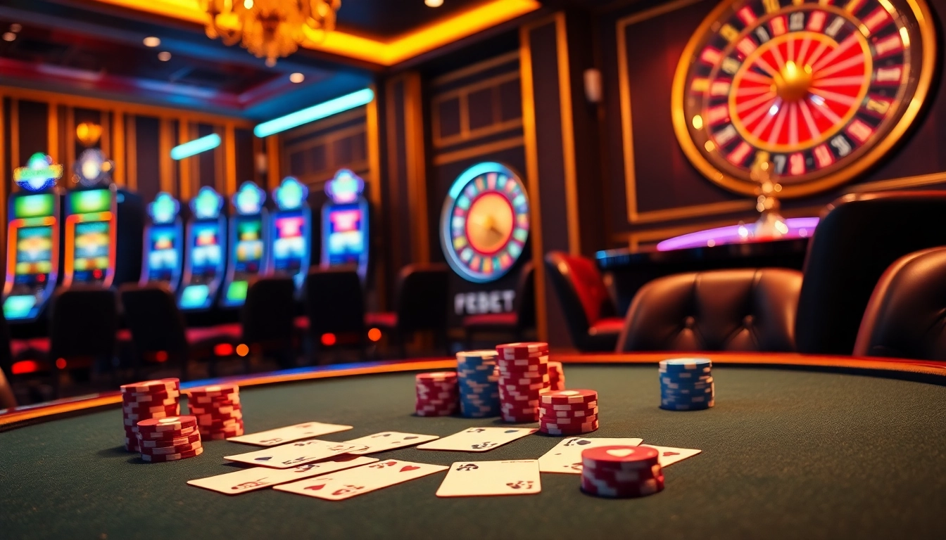 Exciting FEBET online casino scene with poker tables and vibrant slot machines.