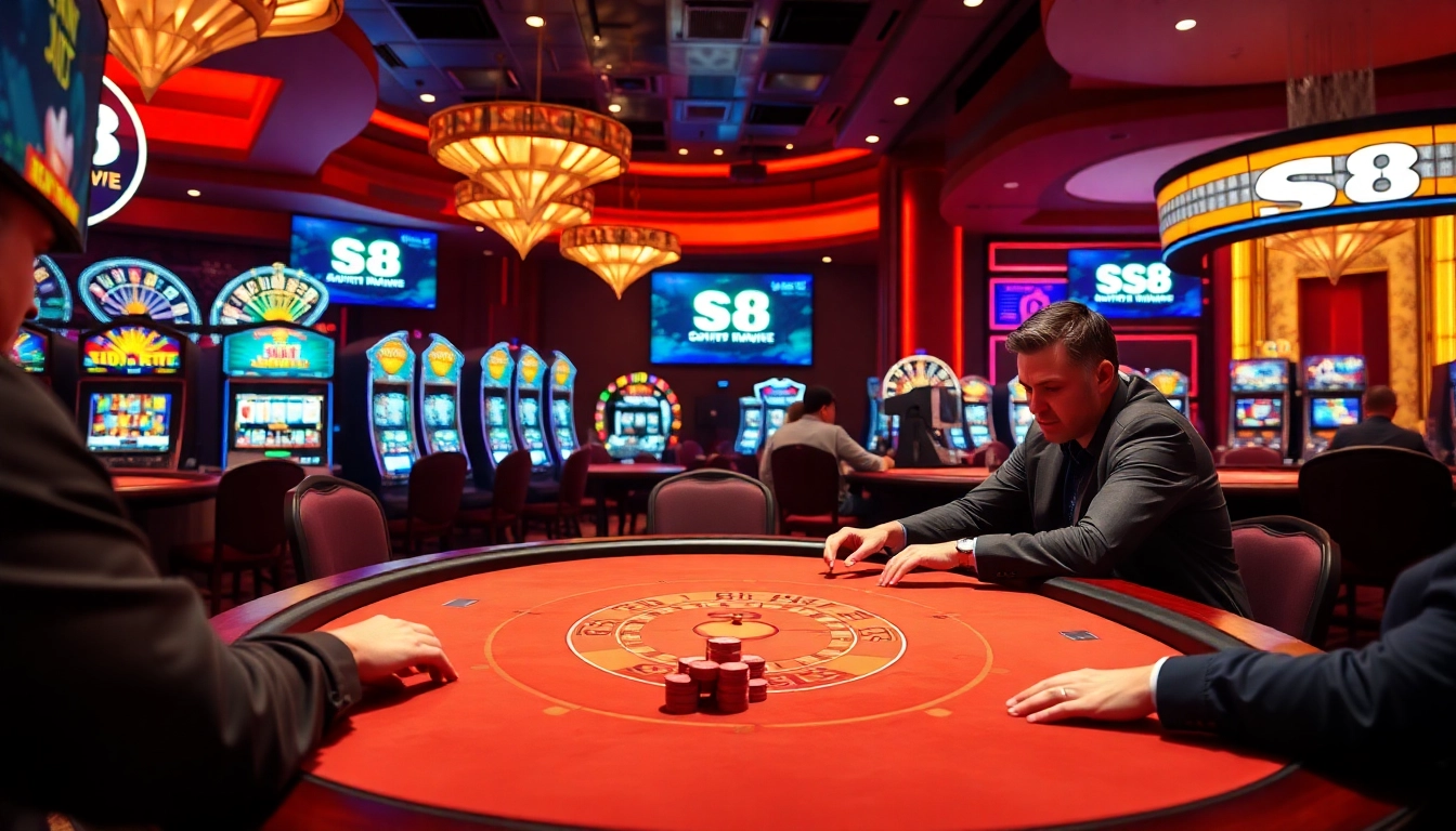S8 players engage in high-stakes action at a vibrant casino poker table.