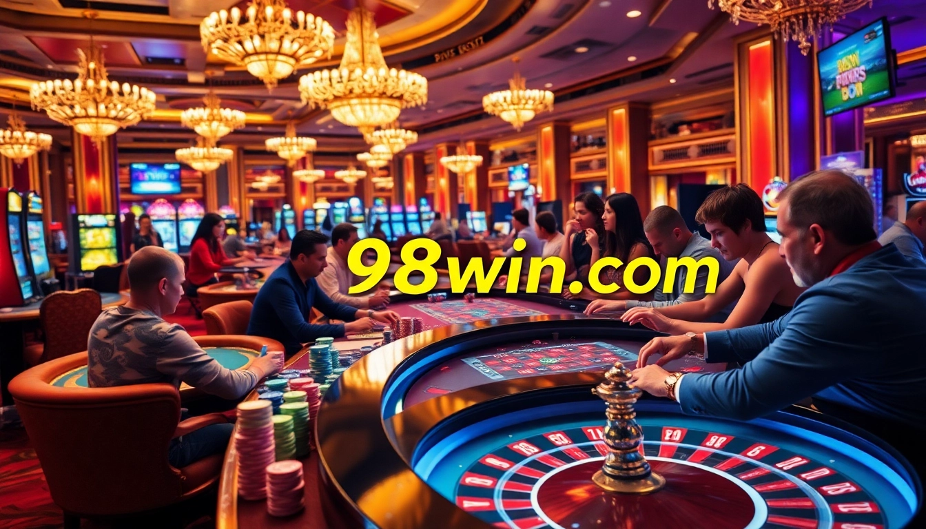 Exciting scene at 98win com showcasing gamblers at a luxurious casino table with vibrant chips.