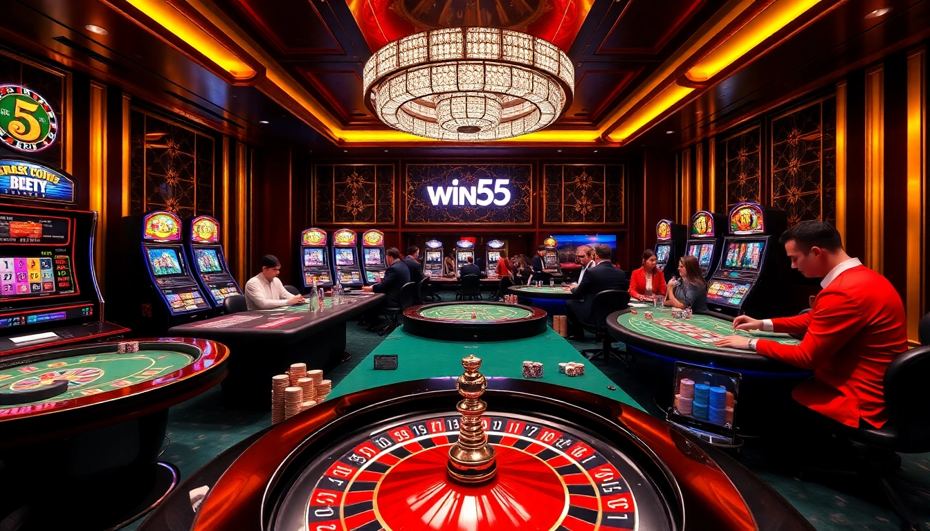 Players enjoying thrilling games at the win55 club casino, immersed in excitement and luxury.