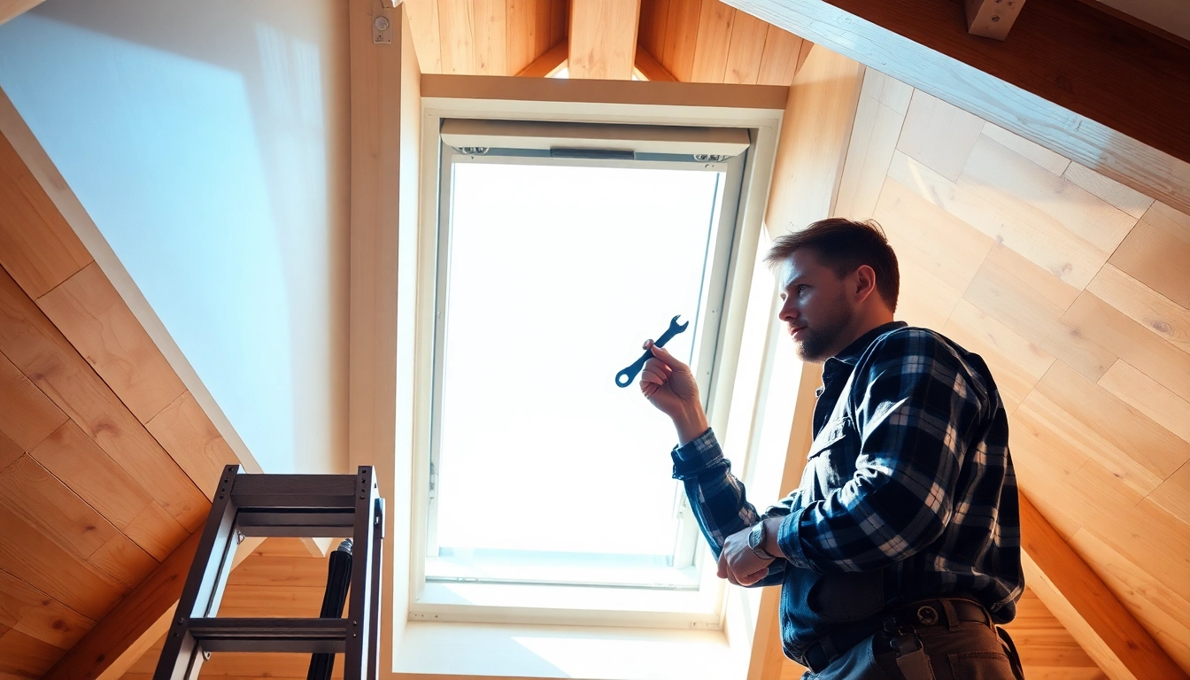 Velux repairs by a technician in a sunlit attic during skylight installation.