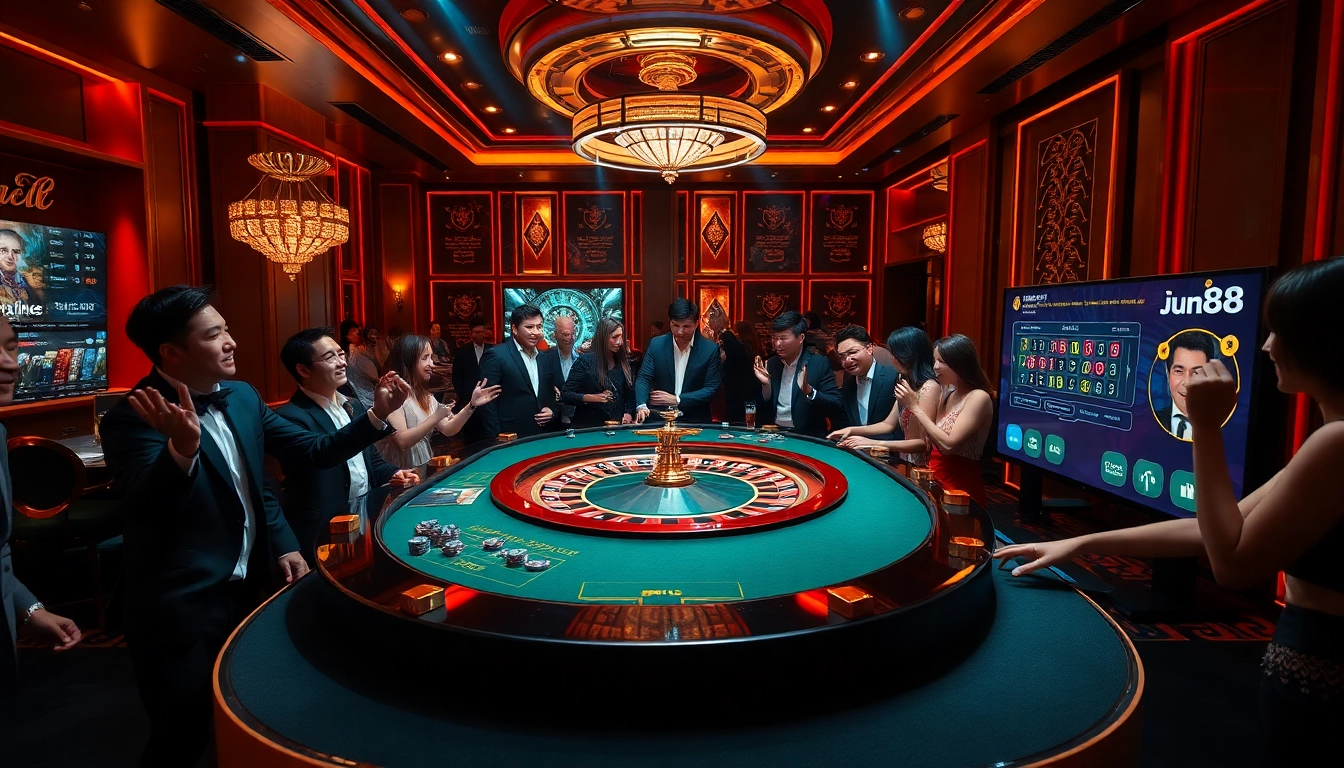Excited players placing bets at a luxurious casino scene inspired by jun88.com, featuring poker chips and roulette wheels.