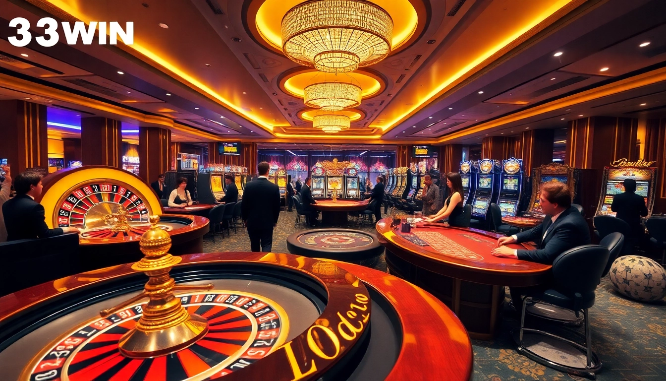 Exciting gambling action at 33WIN with players engaged at casino tables and slot machines.