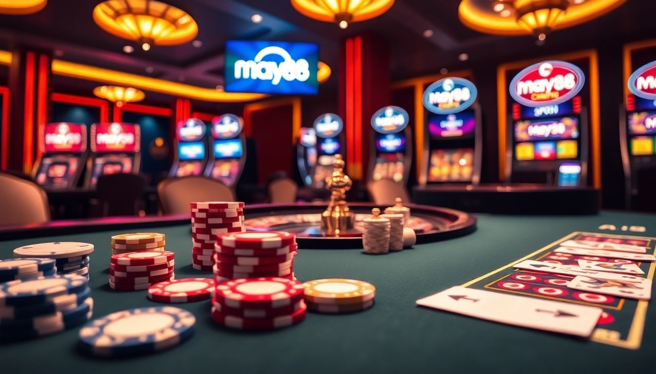 Experience thrilling online gaming with May88's engaging casino atmosphere featuring cards and roulette.